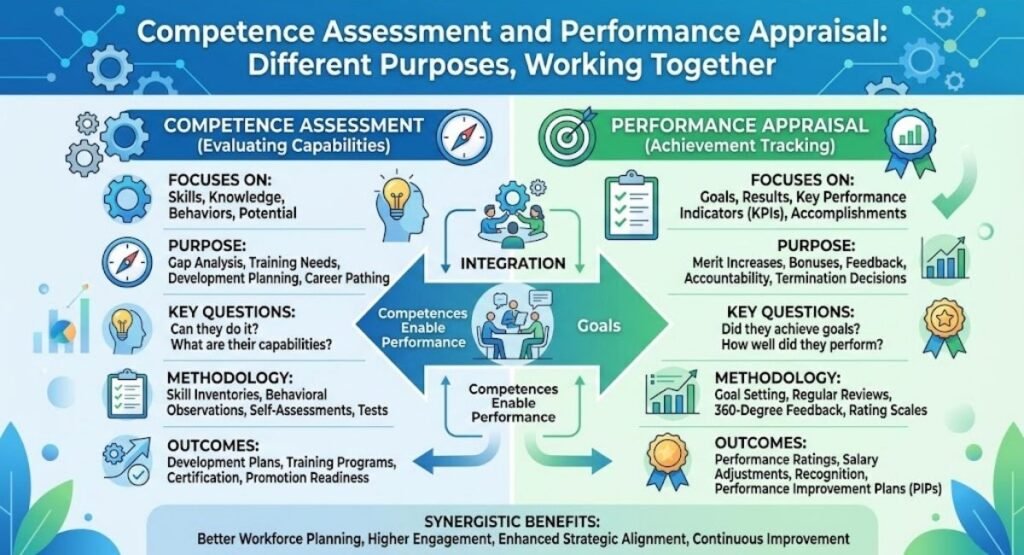 Infographic titled "Competence Assessment and Performance Appraisal: Different Purposes, Working Together" comparing capability evaluation with achievement tracking.