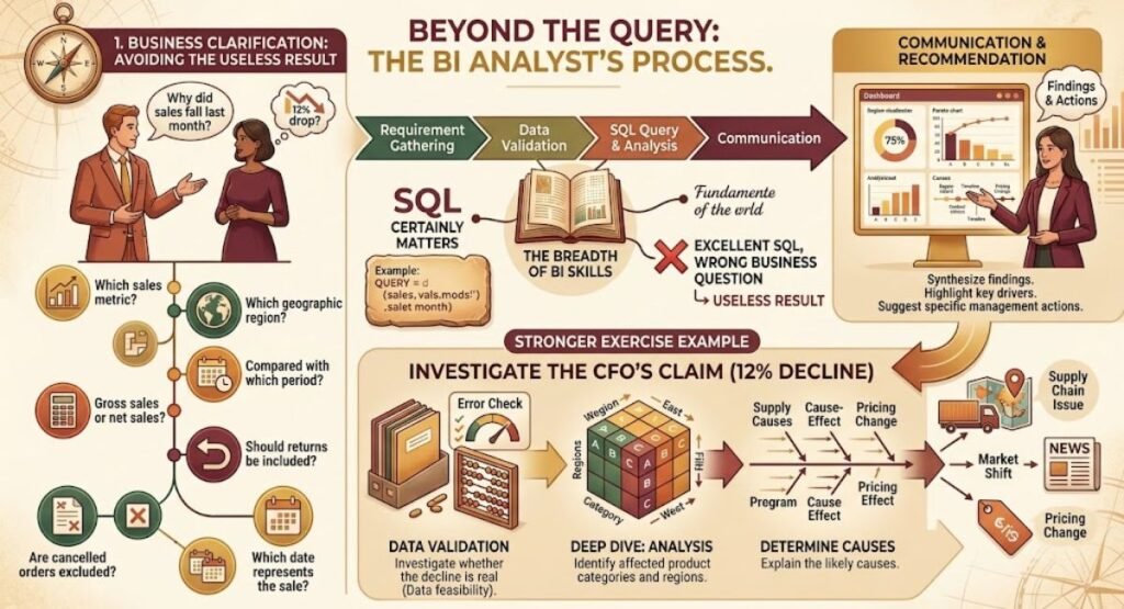 Alt Text: An infographic titled "Beyond the Query: The BI Analyst's Process" outlining the full workflow of a Business Intelligence analyst in warm vintage tones, covering requirement clarification, core analytical flow, deep-dive cause analysis, and presenting findings to business stakeholders.