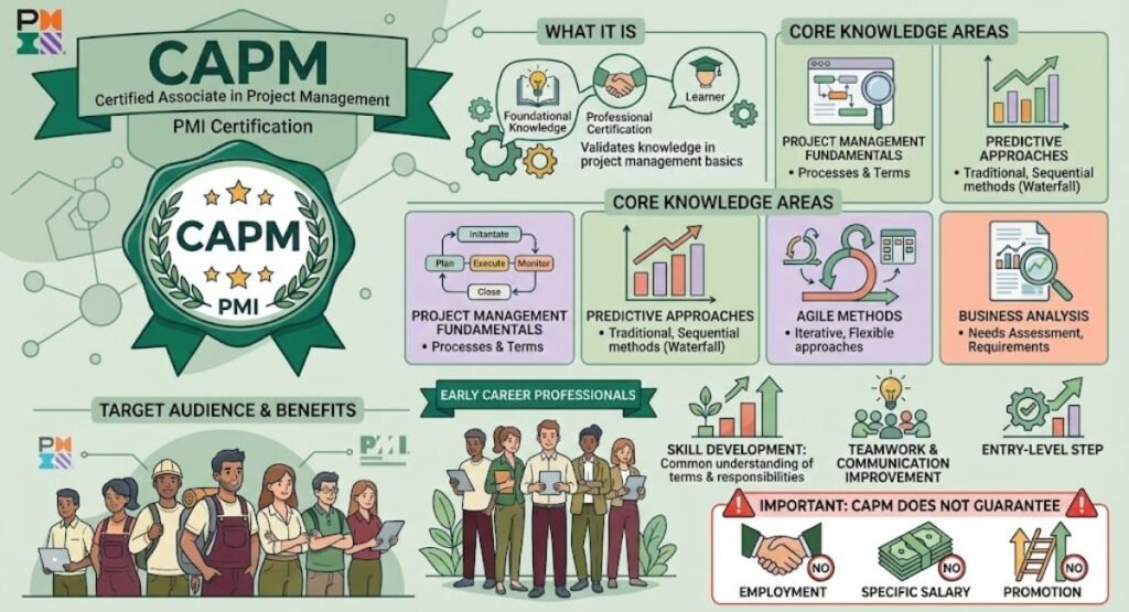 CAPM (Certified Associate in Project Management) PMI certification overview infographic explaining what it is, core knowledge areas, target audience, benefits, and career limitations.