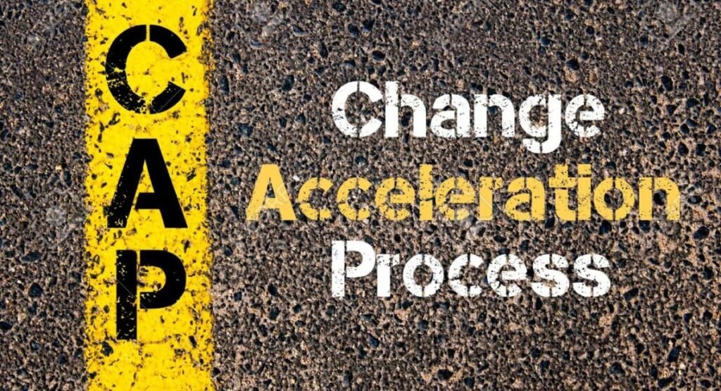 Top view of asphalt road pavement with CAP acronym standing for Change Acceleration Process.