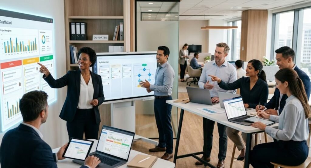 Diverse business team analyzing project management dashboards on modern digital screens in a bright office.