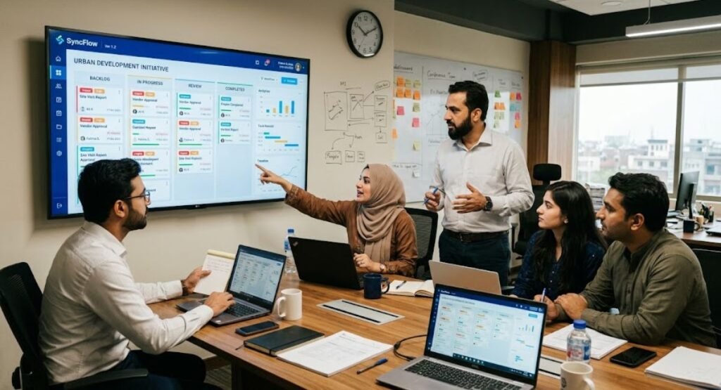 Team members discussing project metrics on a large SyncFlow digital dashboard in a conference room meeting.