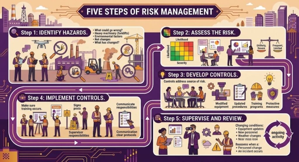 Infographic illustrating the Five Steps of Risk Management process with detailed steps and vector illustrations.