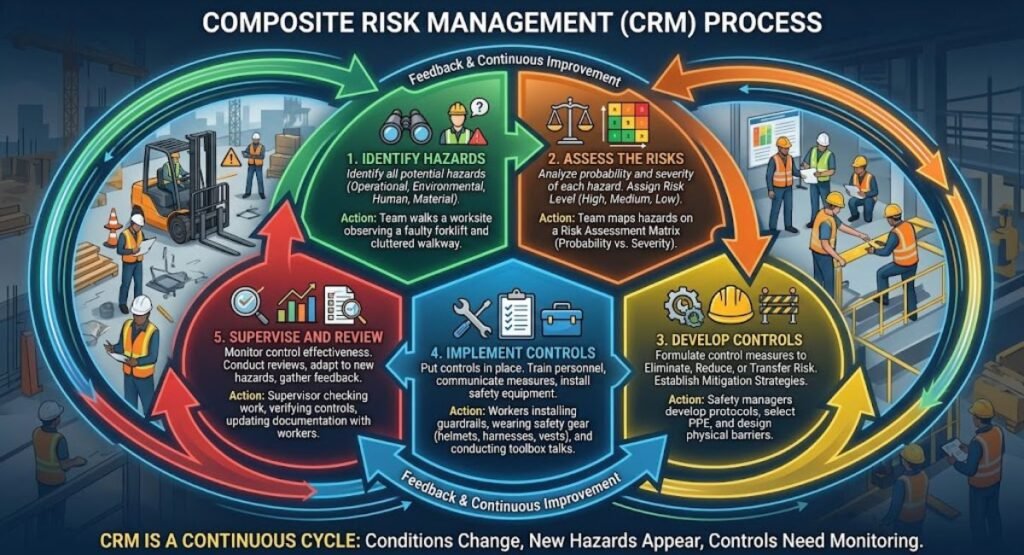 "Composite Risk Management (CRM) Process ka ek circular diagram jo 5 interconnected stages ko dikhata hai: 1. Identify Hazards, 2. Assess the Risks, 3. Develop Controls, 4. Implement Controls, aur 5. Supervise and Review. Diagram ke aas-pass arrows continuous feedback aur improvement ko highlight karte hain, jabki background mein construction/industrial site par kaam karte workers aur safety managers dikhayi de rahe hain."