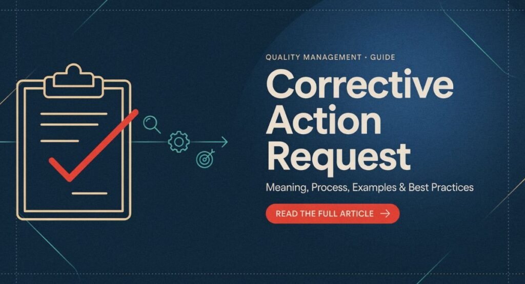Clipboard icon with a checkmark alongside the title "Corrective Action Request: Meaning, Process, Examples & Best Practices".