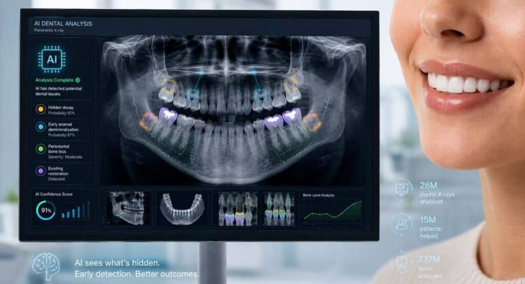"A monitor displaying AI-powered dental X-ray analysis next to a smiling woman showing healthy white teeth."