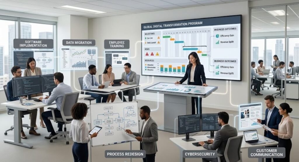 Program manager overseeing multiple workstreams during a digital transformation