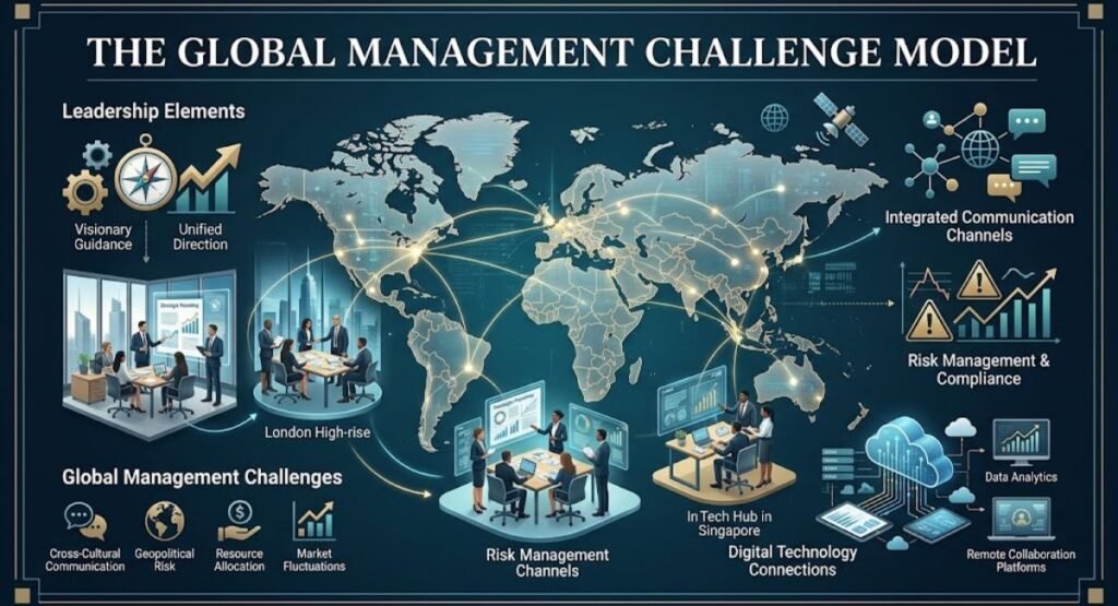 Infographic diagram illustrating The Global Management Challenge Model with a world map showing leadership elements, communication channels, and digital technology connections.