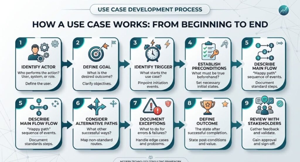 Use case process showing actors, goals, flows, exceptions, and outcomes