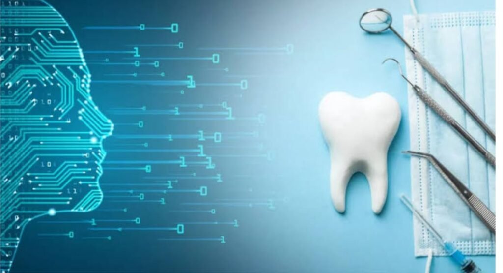 Digital illustration of artificial intelligence circuit head merging with dental tools and a white tooth model.