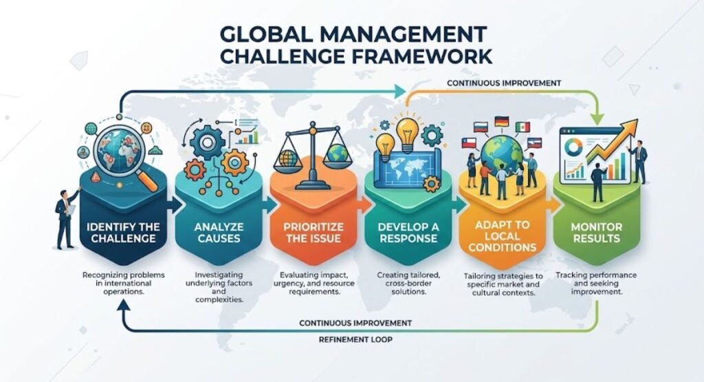 Steps of the global management challenge model from identification to improvement