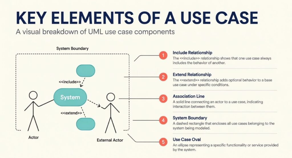 Key elements of a use case including actors, goals, flows, and outcomes