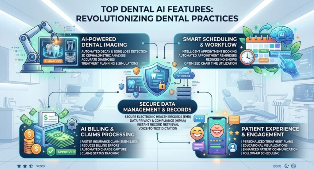 Infographic illustrating top dental AI features revolutionizing dental practices, including imaging, scheduling, security, billing, and patient engagement.