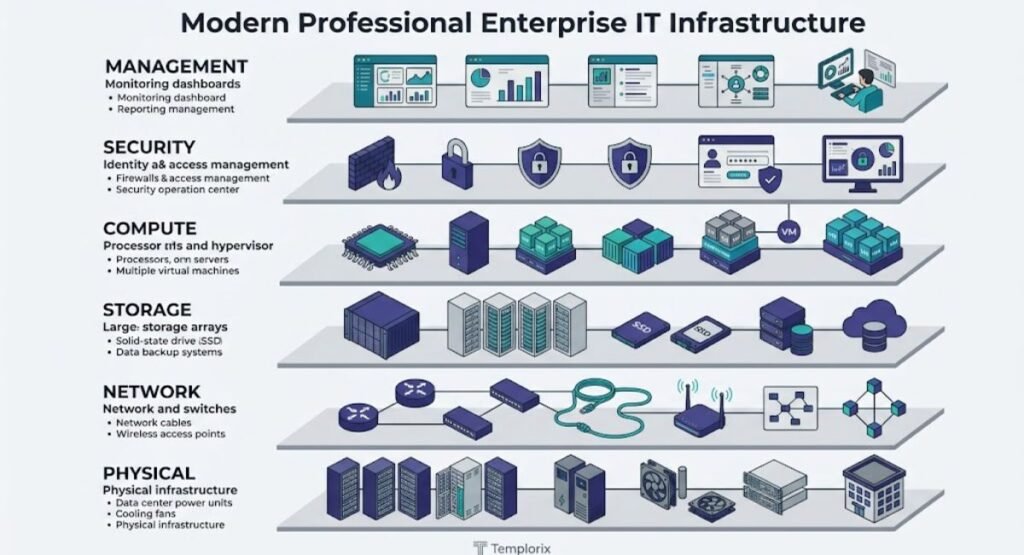 Enterprise IT infrastructure layers including physical network compute storage security and management