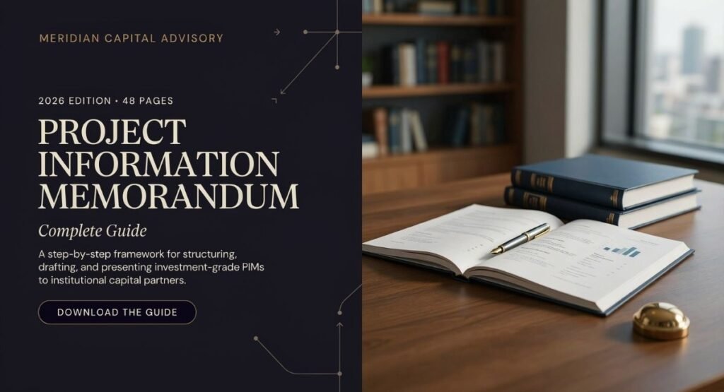 Meridian Capital Advisory guide cover for Project Information Memorandum with books and pen on a office desk.