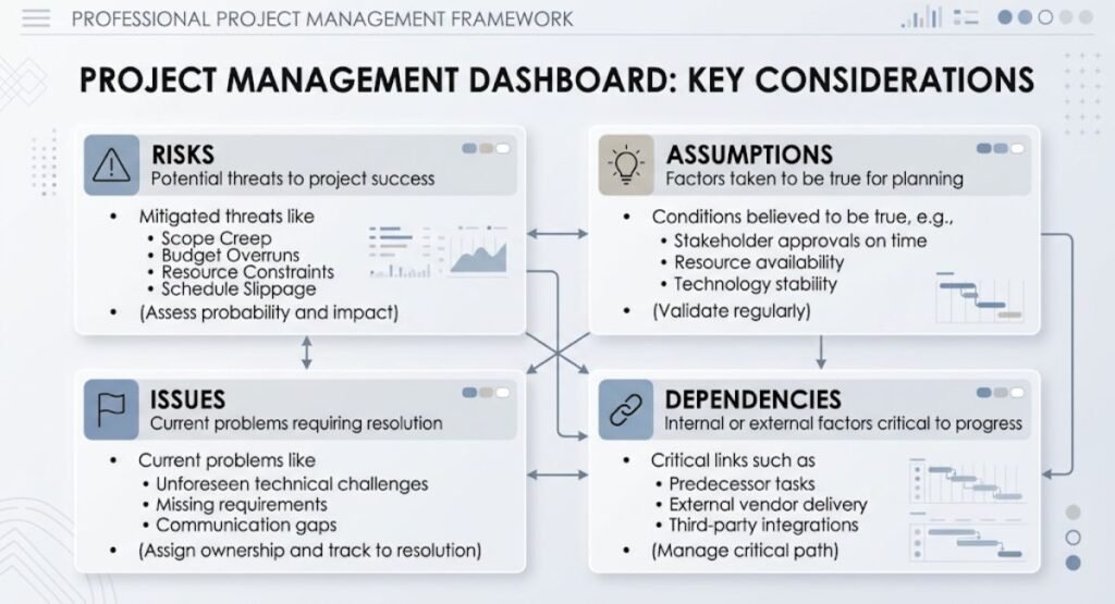 RAID report showing risks, assumptions, issues, and dependencies