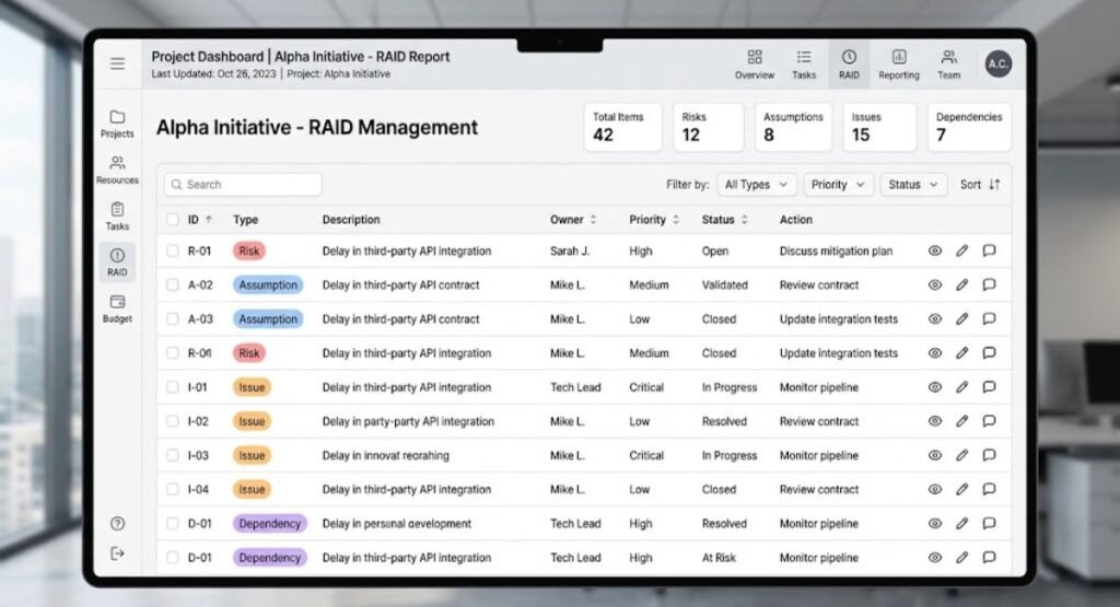 RAID report example showing project risks issues assumptions and dependencies