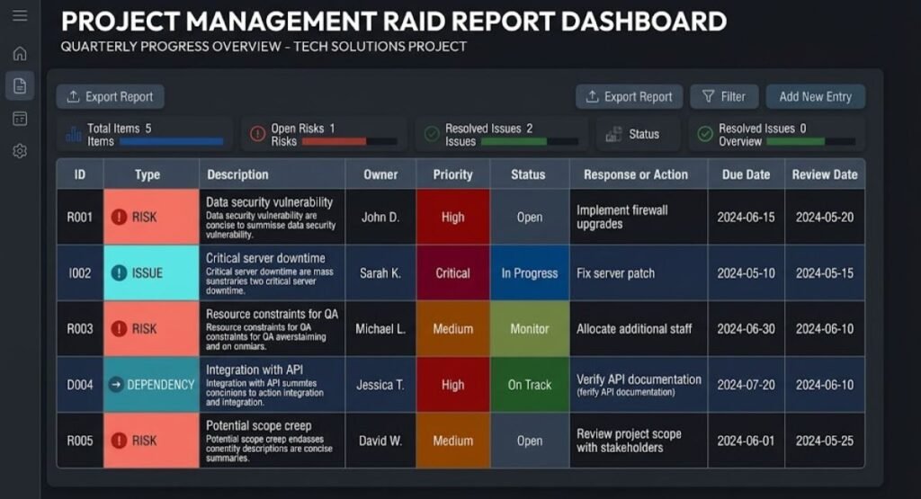 Project management RAID report template with tracking columns