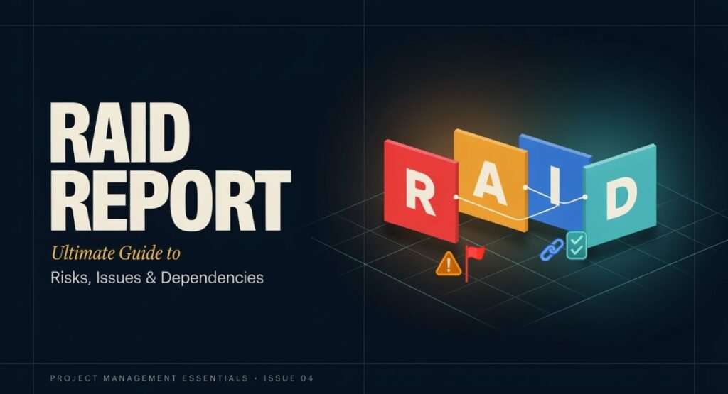 RAID report dashboard showing risks, assumptions, issues, and dependencies in project management
