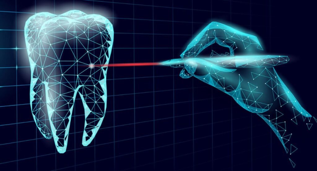Digital wireframe illustration of a hand pointing a laser at a tooth model.