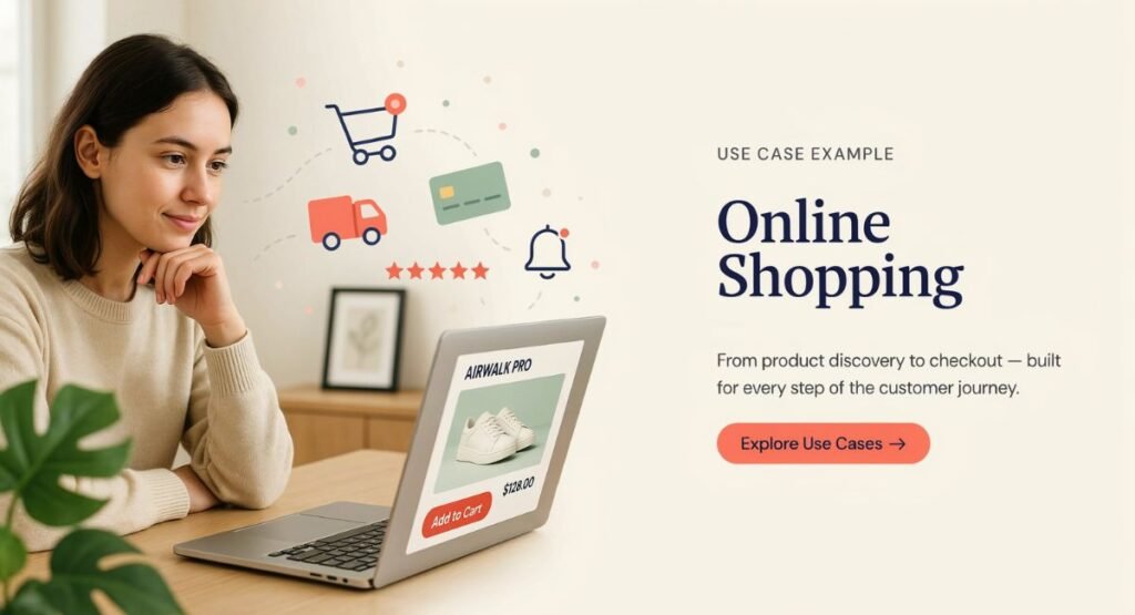 Online shopping use case showing customer interaction with an e-commerce system