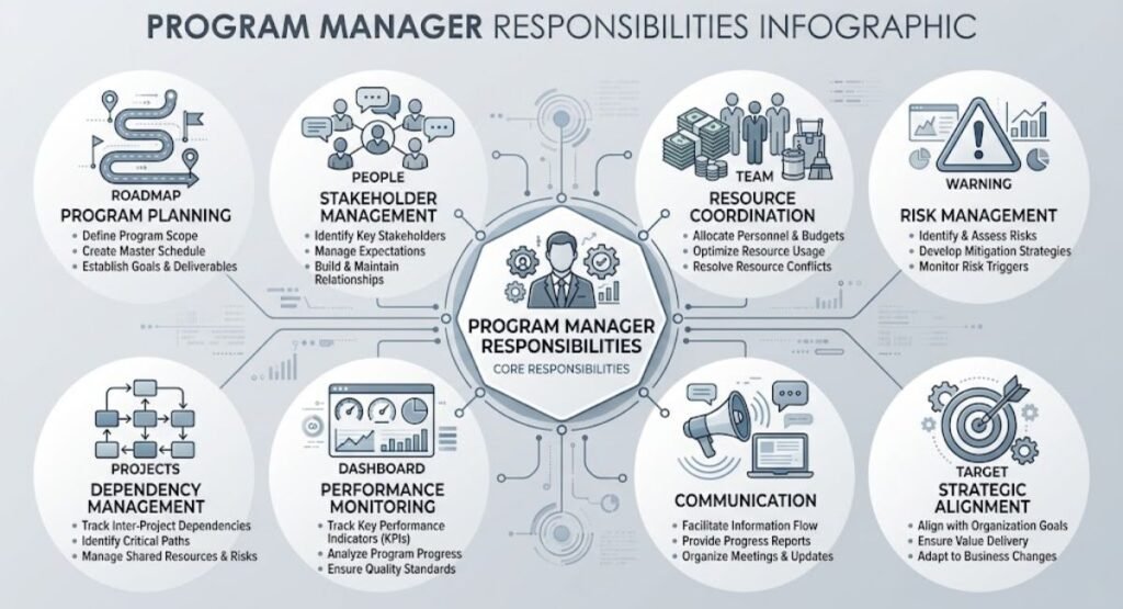 Program manager responsibilities including planning, risk management, resources, and stakeholder coordination