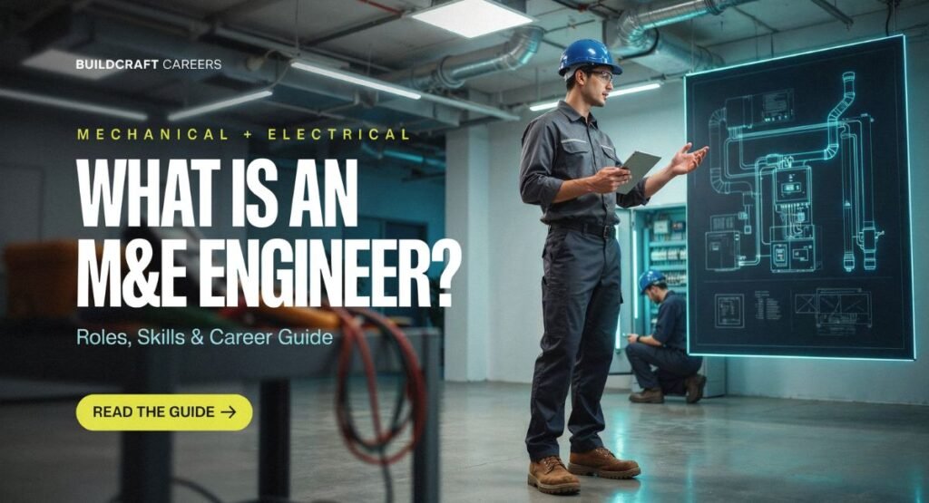 M&E engineer reviewing mechanical and electrical building systems on a construction project