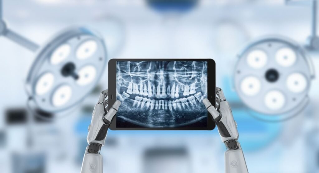Robotic hands holding a tablet displaying a panoramic dental X-ray in a clinical operating room.