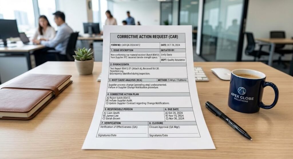 Sample corrective action request form with key fields