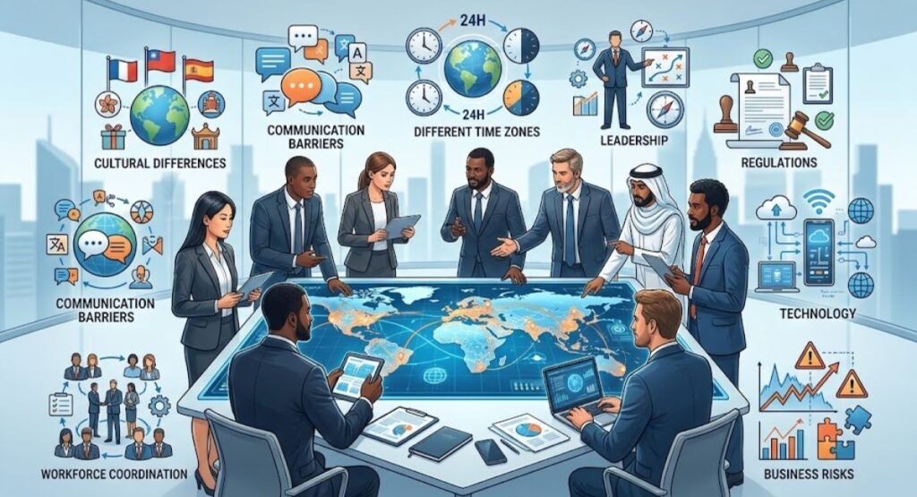 Major global management challenges including culture communication leadership and risk